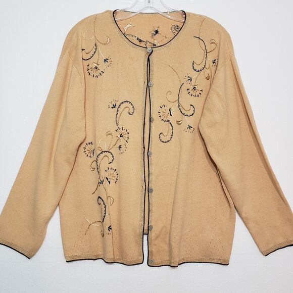 Beautiful quality Embroidered Yellow / Tan Cardigan Button Front Sweater, Large - Picture 7 of 8